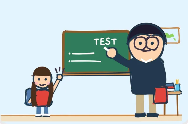 A girl raises her hand while her teacher writes TEST on the board