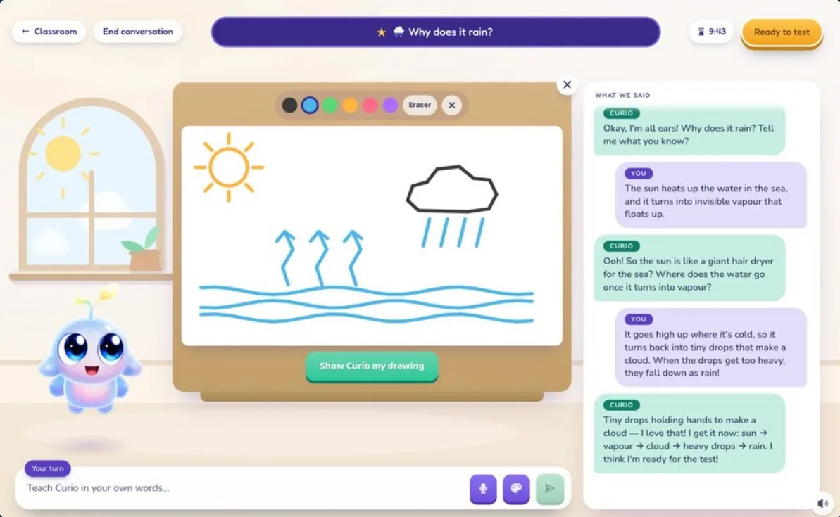 The classroom: a child draws the water cycle and explains why it rains while Curio asks follow-up questions