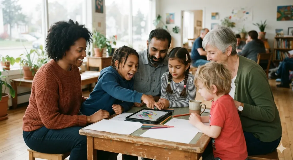 Three families around a low table, one child pointing at a tablet