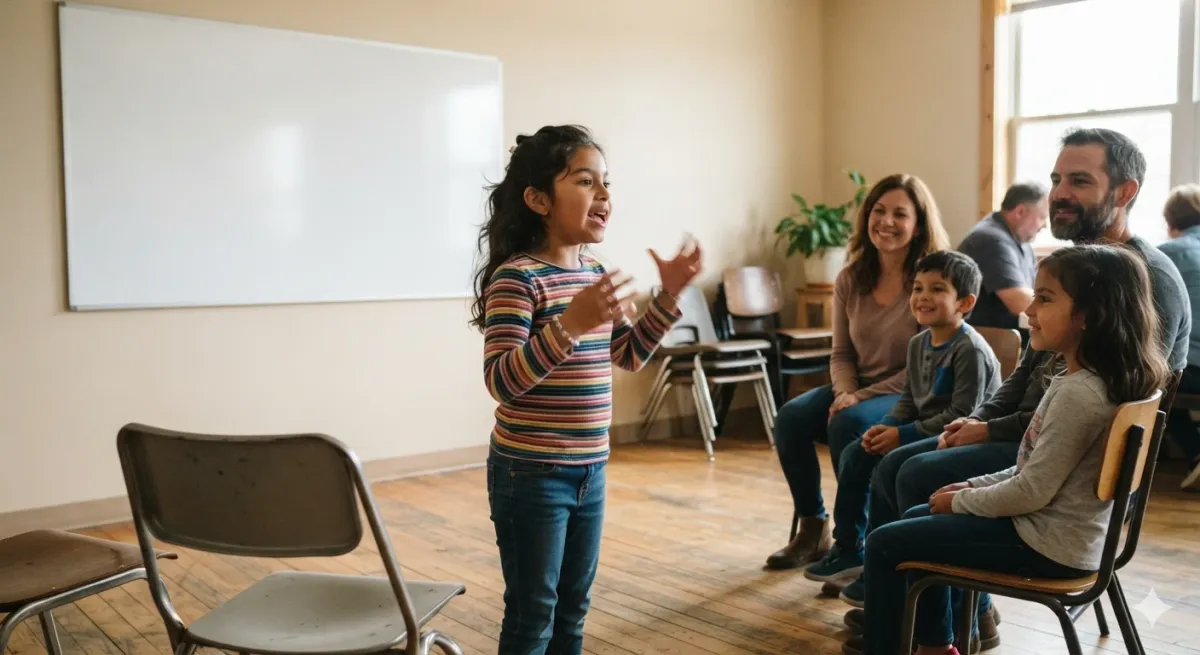 A girl at the front of a small room explaining something to seated parents and kids